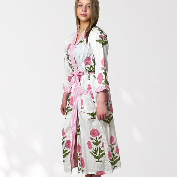 White and Pink Flower Print 100% Cotton Dressing Gown