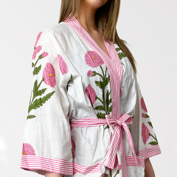 White and Pink Flower Print 100% Cotton Dressing Gown