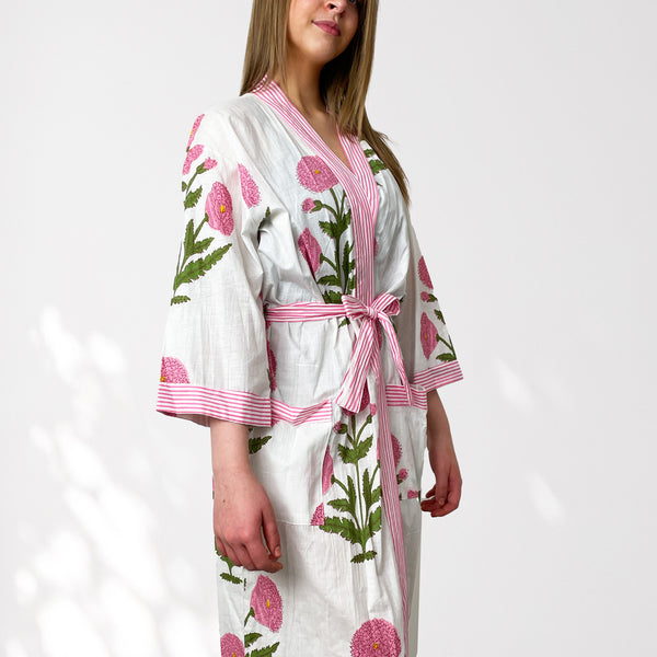 White and Pink Flower Print 100% Cotton Dressing Gown