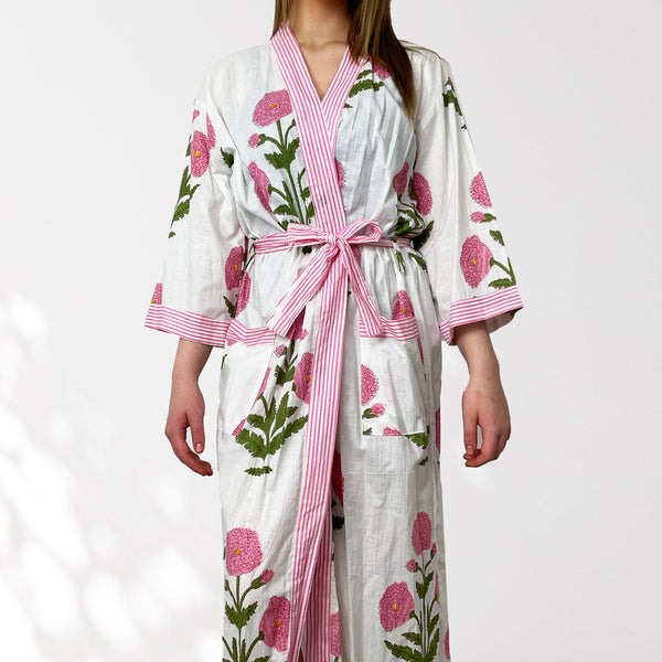 White and Pink Flower Print 100% Cotton Dressing Gown