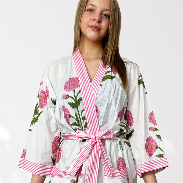 White and Pink Flower Print 100% Cotton Dressing Gown