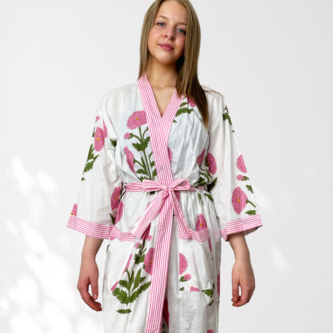 White and Pink Flower Print 100% Cotton Dressing Gown