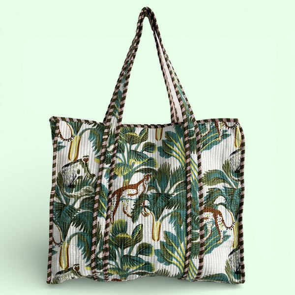 Leopard Print Large Quilted Cotton Tote Shoulder Bag in White
