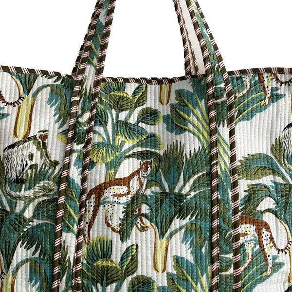 Leopard Print Large Quilted Cotton Tote Shoulder Bag in White