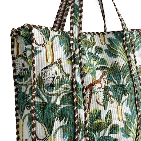 Leopard Print Large Quilted Cotton Tote Shoulder Bag in White