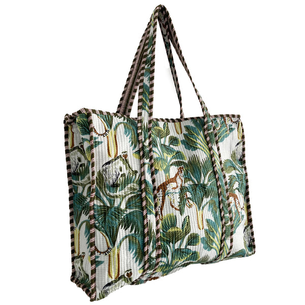 Leopard Print Large Quilted Cotton Tote Shoulder Bag in White