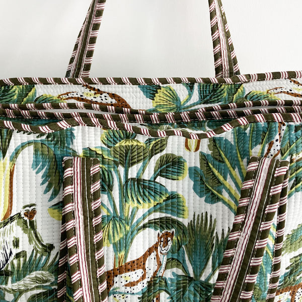 Leopard Print Large Quilted Cotton Tote Shoulder Bag in White