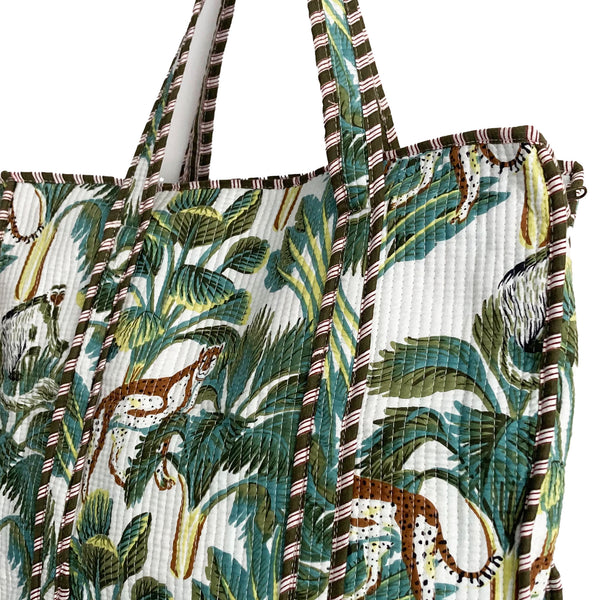 Leopard Print Large Quilted Cotton Tote Shoulder Bag in White