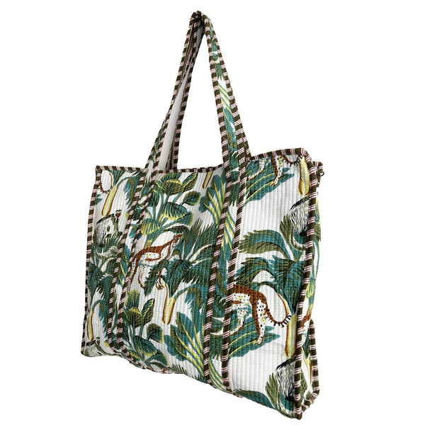 Leopard Print Large Quilted Cotton Tote Shoulder Bag in White
