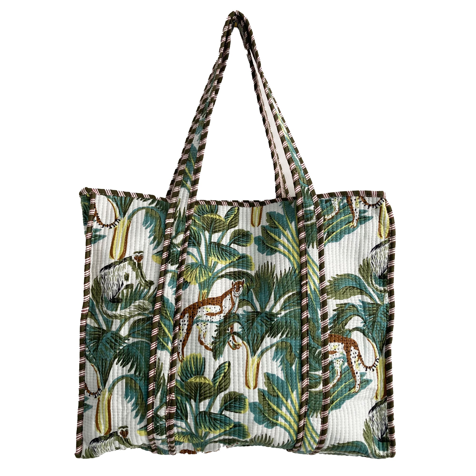 Leopard Print Large Quilted Cotton Tote Shoulder Bag in White
