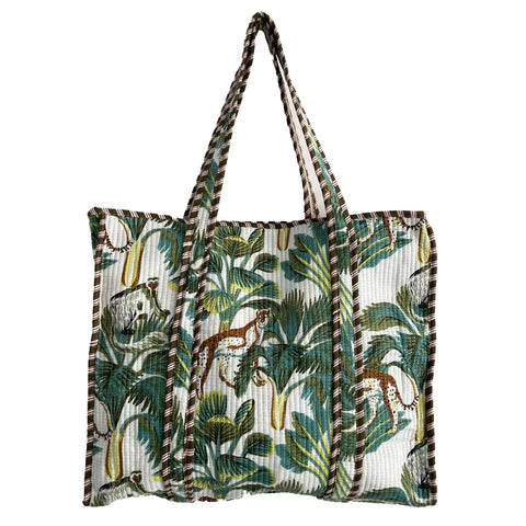 Leopard Print Large Quilted Cotton Tote Shoulder Bag in White
