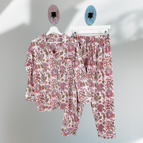 Floral 100% Cotton Long Pyjama Set in White and Pink