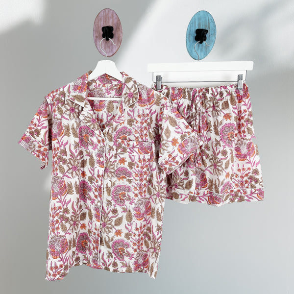 Floral 100% Cotton Short Pyjama Set in White and Pink