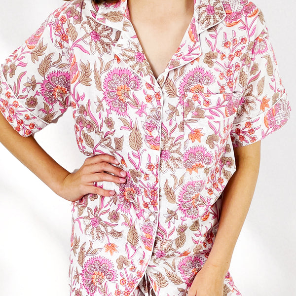 Floral 100% Cotton Short Pyjama Set in White and Pink