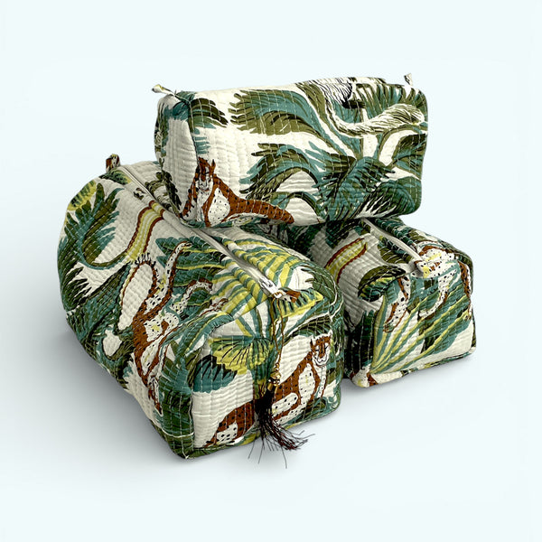 Wild Animal Print Cotton Washbag, Make Up Bag, Pencil Case with Waterproof Lining - Wild Animal Print in White