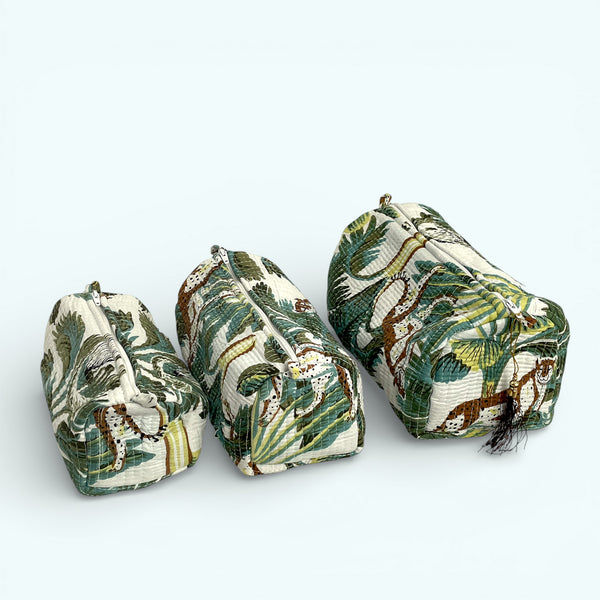 Wild Animal Print Cotton Washbag, Make Up Bag, Pencil Case with Waterproof Lining - Wild Animal Print in White