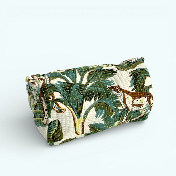 Wild Animal Print Cotton Washbag, Make Up Bag, Pencil Case with Waterproof Lining - Wild Animal Print in White