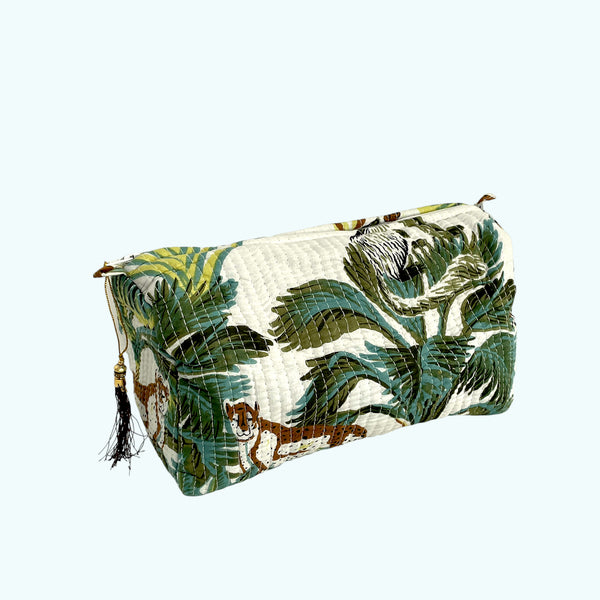 Wild Animal Print Cotton Washbag, Make Up Bag, Pencil Case with Waterproof Lining - Wild Animal Print in White