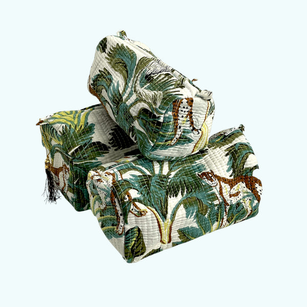 Wild Animal Print Cotton Washbag, Make Up Bag, Pencil Case with Waterproof Lining - Wild Animal Print in White