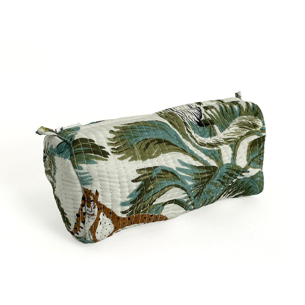 Wild Animal Print Cotton Washbag, Make Up Bag, Pencil Case with Waterproof Lining - Wild Animal Print in White