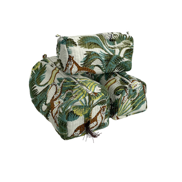 Wild Animal Print Cotton Washbag, Make Up Bag, Pencil Case with Waterproof Lining - Wild Animal Print in White