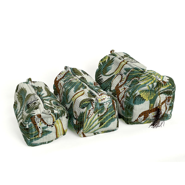 Wild Animal Print Cotton Washbag, Make Up Bag, Pencil Case with Waterproof Lining - Wild Animal Print in White