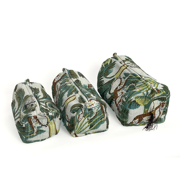 Wild Animal Print Cotton Washbag, Make Up Bag, Pencil Case with Waterproof Lining - Wild Animal Print in White