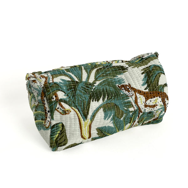 Wild Animal Print Cotton Washbag, Make Up Bag, Pencil Case with Waterproof Lining - Wild Animal Print in White