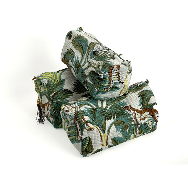 Wild Animal Print Cotton Washbag, Make Up Bag, Pencil Case with Waterproof Lining - Wild Animal Print in White