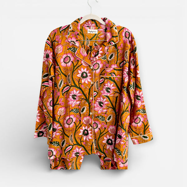 Mustard Yellow Block Print Floral 100% Cotton Long Pyjama Set