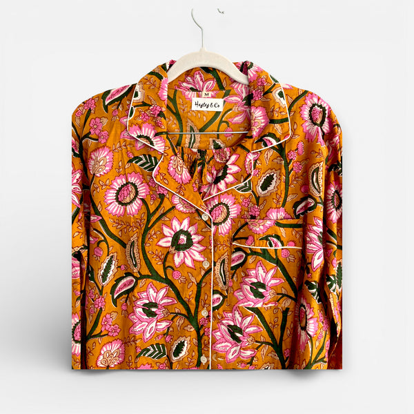 Mustard Yellow Block Print Floral 100% Cotton Long Pyjama Set