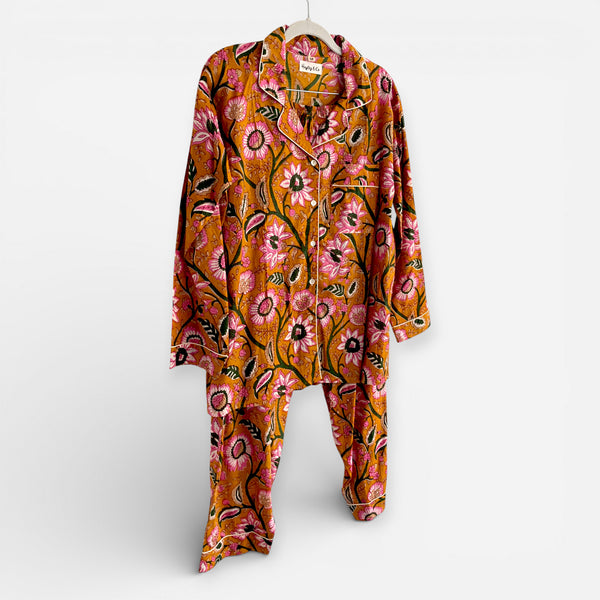 Mustard Yellow Block Print Floral 100% Cotton Long Pyjama Set