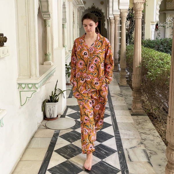 Mustard Yellow Block Print Floral 100% Cotton Long Pyjama Set