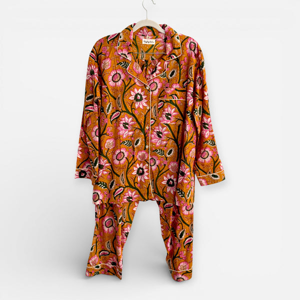 Mustard Yellow Block Print Floral 100% Cotton Long Pyjama Set