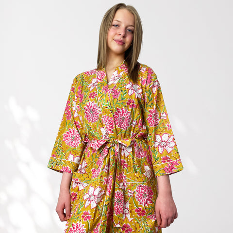 Yellow Floral Print 100% Cotton Dressing Gown