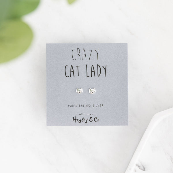 Crazy Cat Lady Kitten Face Sterling Silver Earrings