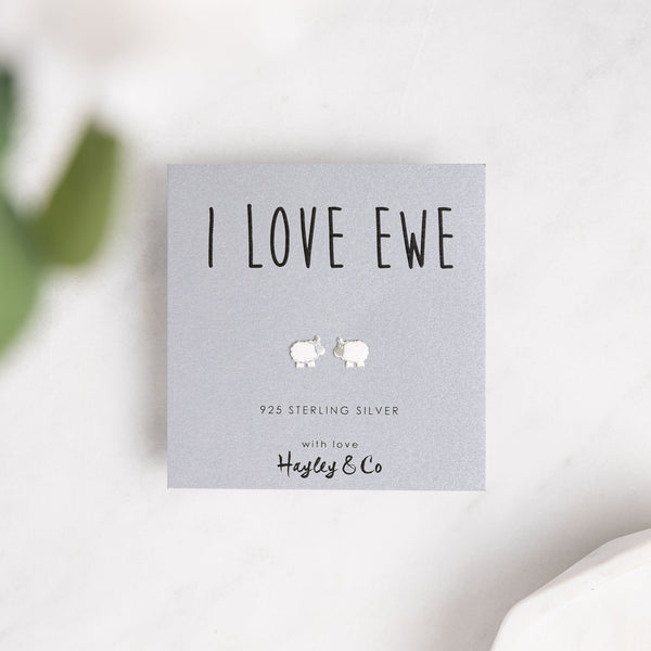 Sterling Silver Earrings - 'I love Ewe' Sheep Earrings