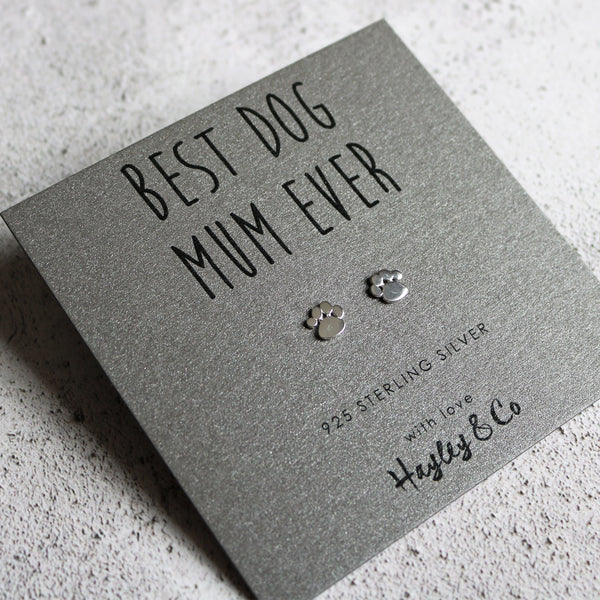 Sterling Silver Earrings Paw Print 'Best Dog Mum'