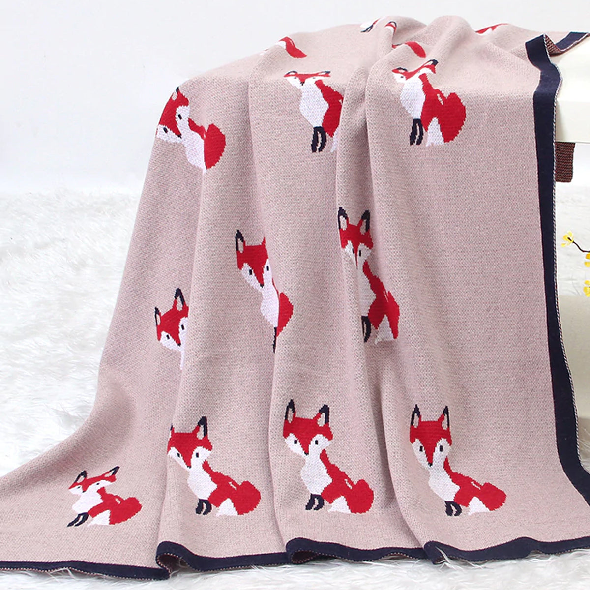 Little Fox Knitted Cotton Baby Blanket