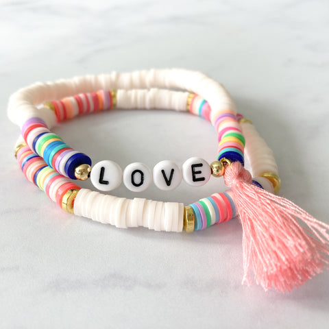 Love Heishi Bracelets with Tassel - Stack of Two