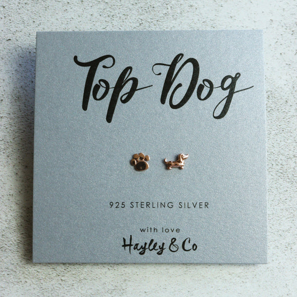 Paw Print and Sausage Dog Rose Gold Earrings